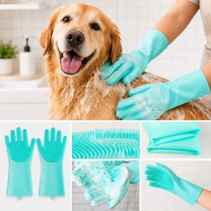 Dog grooming glove product detail with golden retriever