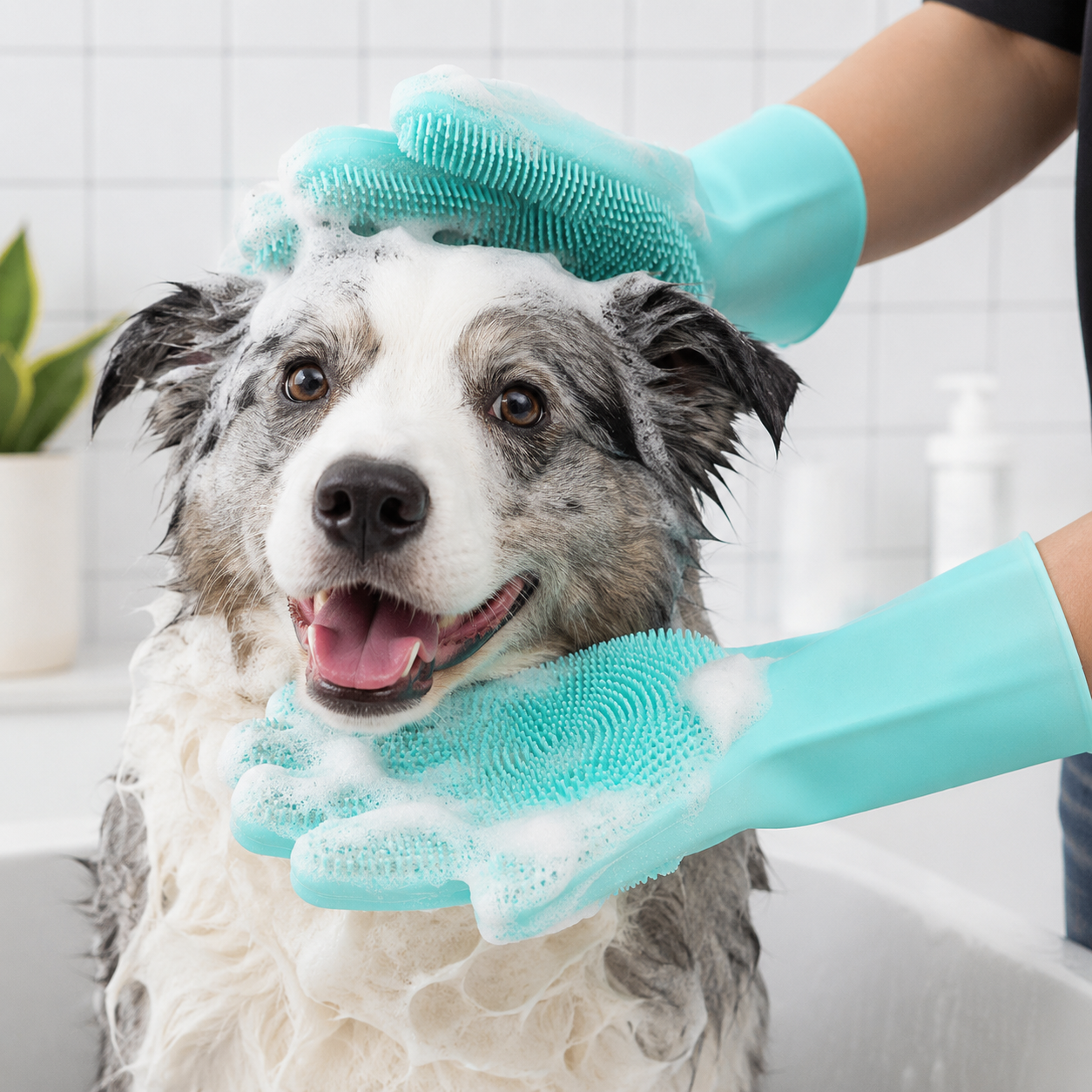 Dog grooming glove with border collie