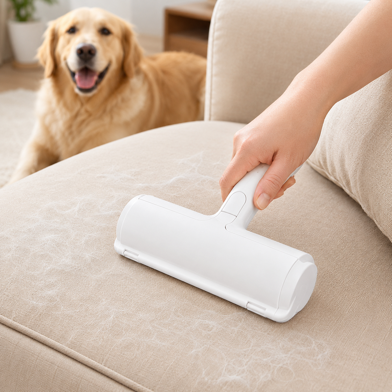 Reusable dog hair roller on couch with golden retriever